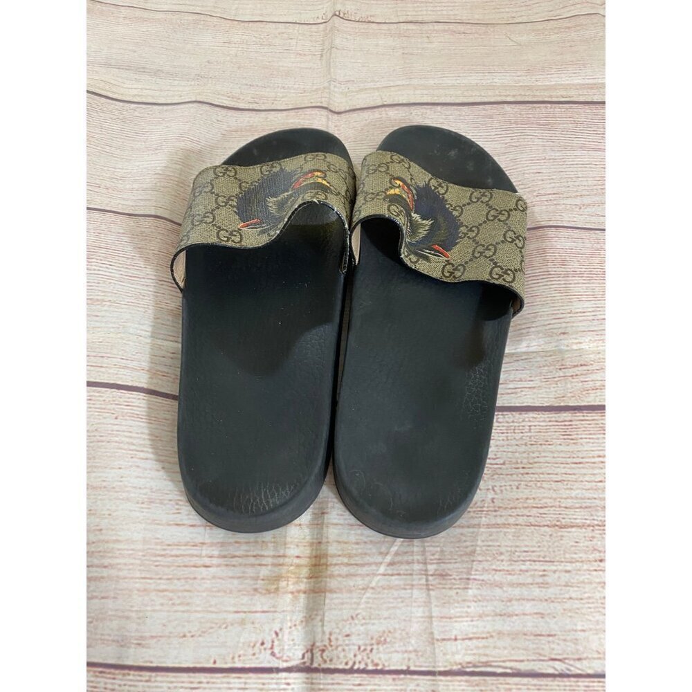 Gucci Men's Authentic Wolf GG Logo Print Brown Black Sandals Slides - 9 - Picture 4 of 16